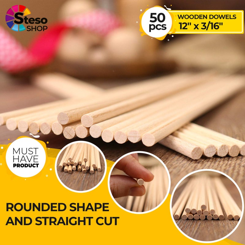 StesoSHOP Wooden Dowel Rods for Craft 3/16 x 12 inch - 50 pcs Sturdy Dowels Wood - Craft Supplies Sticks for Centerpieces - Model Building Wedding Ribbon Wands 3/16 - Image 3